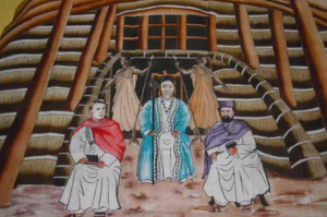 Muteesa 1er rencontrant le P. Simeon Lourdel Mapeera et le Fr. Delmas Amans 1879